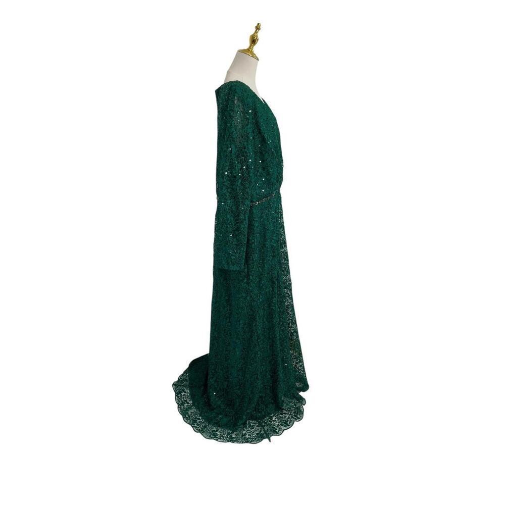 Mac Duggal #68016 Emerald Green Beaded Embroidery Illusion Sleeve Dress Size 22 - Picture 5 of 8